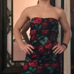 Rose print strapless mini dress